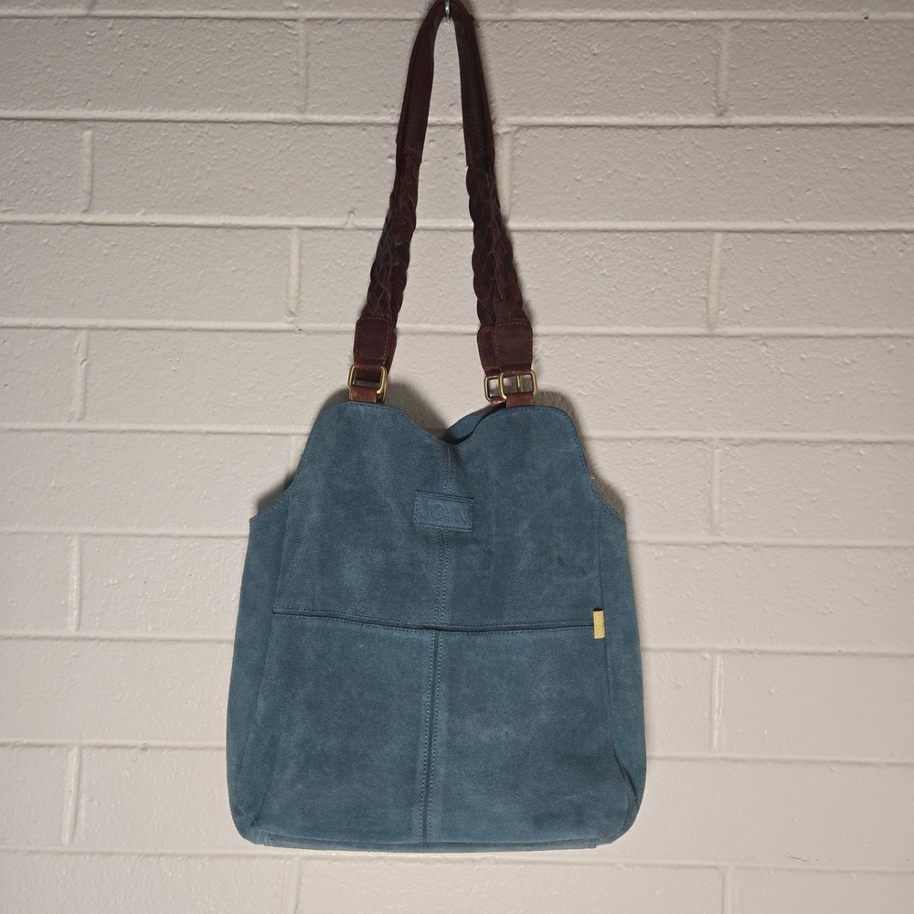 JOYN‎ Blue Suede Tote Large Braided Leather Strap Boho Shoulder Bag